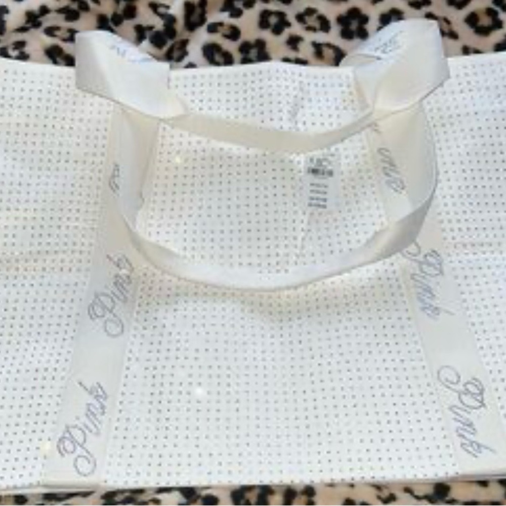 PINK Victoria's Secret White Perforated Tote with Logo Ribbon Handles